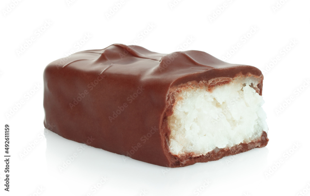 Broken chocolate bar with sweet filling isolated on white background Broken chocolate bar with sweet filling isolated on white background