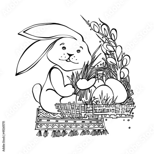 Easter Rabbit with willow and eggs Hand drawing line art. Spring