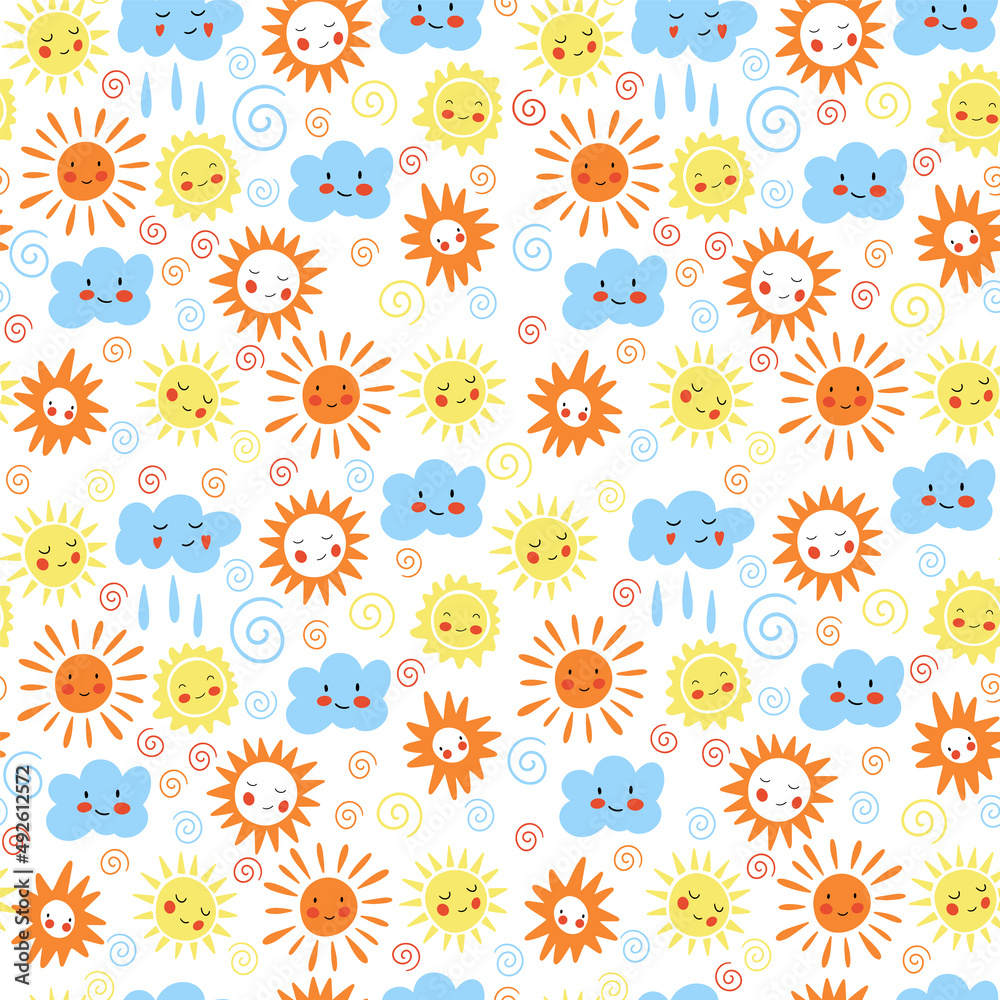 Seamless patterns with funny sun characters. Childish sunny background. Perfect for fabric, textile, wallpaper. Vector illustration