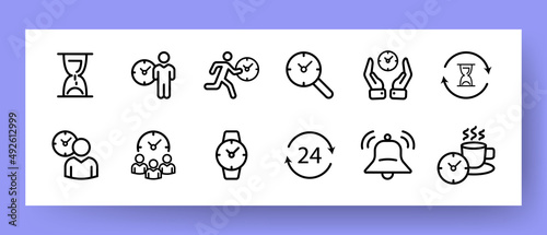 Time icons set. Icons hourglass, alarm clock, time search, being late and breakfast time. Time management concept. Vector EPS 10