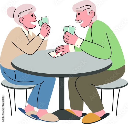 A group of older friends are playing cards. Older men and women spend time together, relaxing and having fun, playing board games, bridge or poker. Cartoon vector illustration