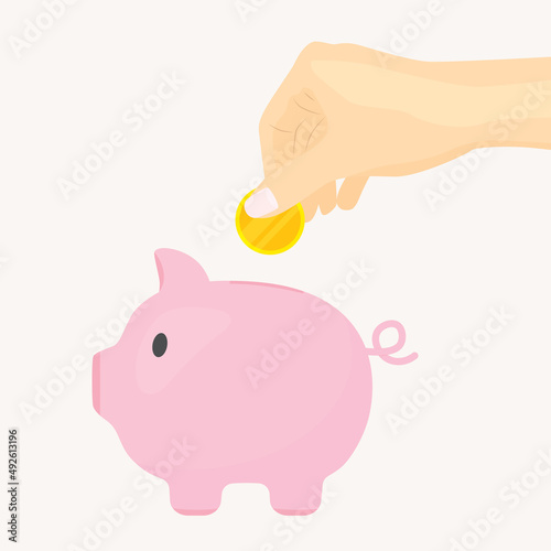 female hand putting a golden coin inside piggy bank  concept of saving money  - vector illustration