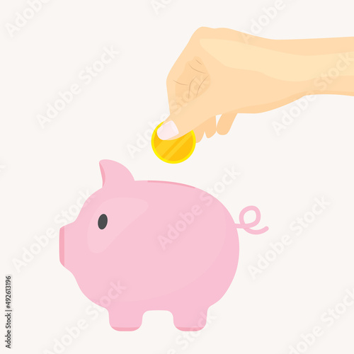 female hand putting a golden coin inside piggy bank, concept of saving money  - vector illustration