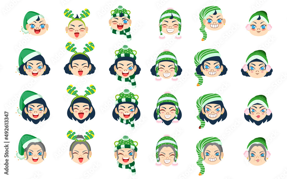 Set green girl christmas emoji cute face vector illustration Set green girl christmas emoji cute face vector illustration