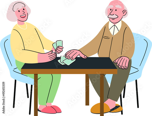 A group of older friends are playing cards. Older men and women spend time together, relaxing and having fun, playing board games, bridge or poker. Cartoon vector illustration
