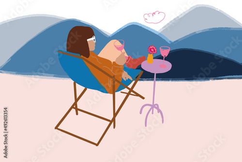 Young stylish woman sitting with a drink on sunbed, enjoying beautiful landscape in the snowy mountains. Concept of escaping to nature and feeling calm in mountains. Vector illustration
