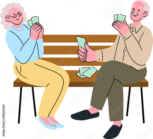 A group of older friends are playing cards. Older men and women spend time together, relaxing and having fun, playing board games, bridge or poker. Cartoon vector illustration