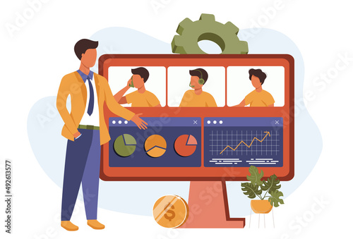 Video business conference vector in flat design. People discuss tasks with colleagues online. Illustration for blogging, website, mobile app, promotional materials.