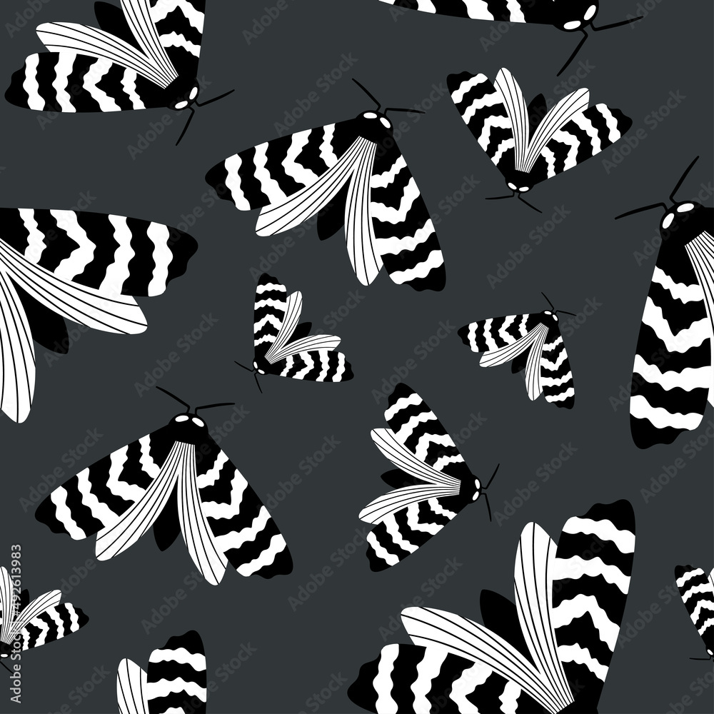Naklejka premium Seamless monochrome black and white background pattern with abstract butterfly for printing on textiles or paper. Vector illustration in a hand-drawn style.