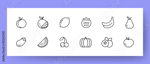 Fruits and vegetables icons set. Watermelon, eggplant, bananas, pumpkin and apple icons. Healthy food concept. health care. Vector EPS 10