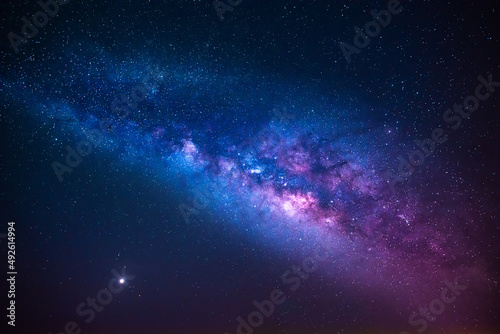 Milky way, amazing night sky and many stars on dark background. the universe is full of stars with noise and grain Photo taken with long exposure and white balance selected. 