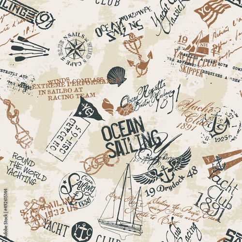 Vintage nautical style marine sailing elements patchwork grunge vector seamless pattern 