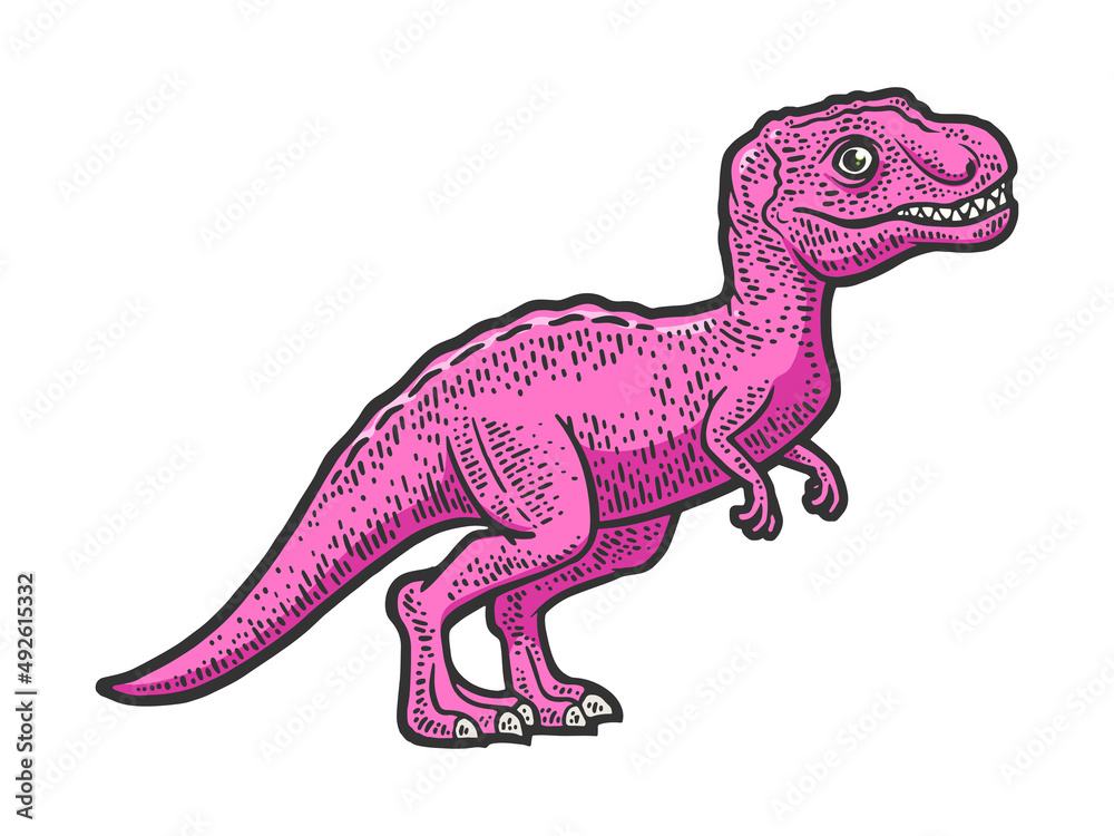 baby pink dinosaur tyrannosaurus sketch engraving raster illustration. T-shirt apparel print design. Scratch board imitation. Black and white hand drawn image.