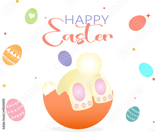Illustration with bunny and easter eggs, lettering happy easter