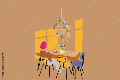 Woman having a breakfast, sitting by the wooden table and drinking coffee at sunny living room. Concept of home coziness and style. Vector illustration