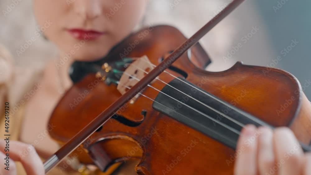 A Young Girl And Man Plays The Violin In A Beautiful Retro Room With Flowers And A Piano. A Young Girl And Man Plays The Violin In A Beautiful Retro Room With Flowers And A Piano.