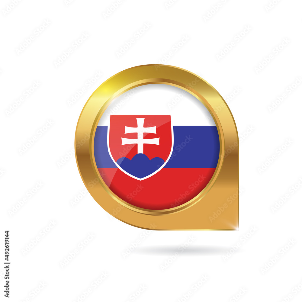 Flag of Slovakia, location map pin, pointer flag, button with the reflection of light and shadow, gold frame, Icon country. Realistic vector illustration on white background