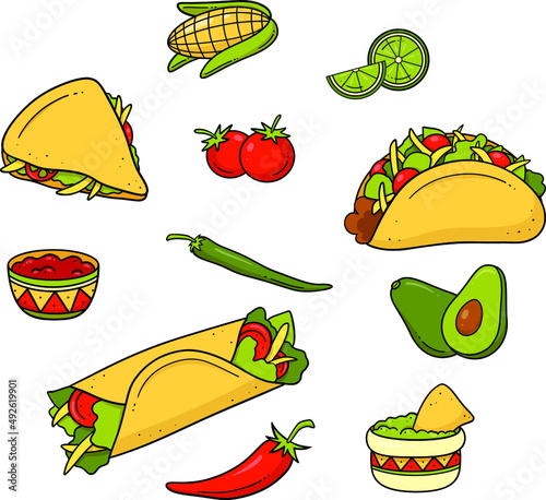 A Mexican set of dishes with a traditional spicy dish. Delicious Mexican menu, hot food and an illustration of tacos, burritos, guacamole, salsa. Cartoon vector elements handmade.