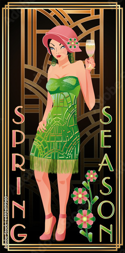 Spring seasons girl. Art deco card, vector illustration
