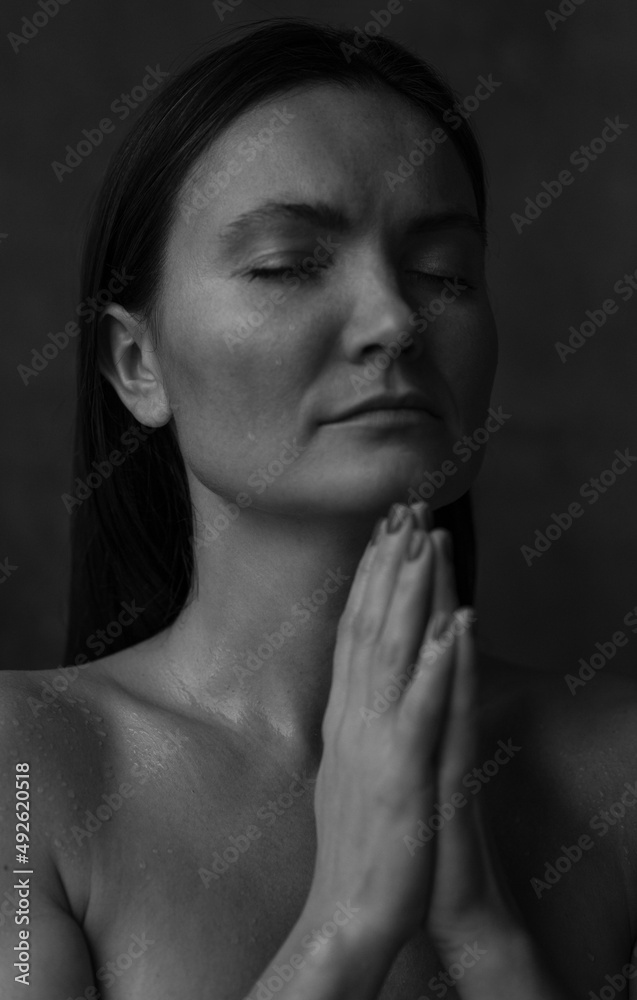 Black and white portrait woman in pray Black and white portrait woman in pray