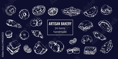 Bread and bakery goods, hand drawn, chalk on blackboard. Vintage patisserie stylized vector sketch