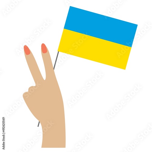 Hand symbol of peace, holds the flag of Ukraine on a white background, no war, support for Ukraine