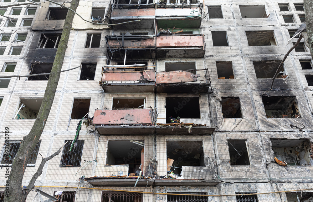 Fototapeta premium Destroyed house after a rocket attack in Kyiv, Ukraine