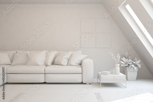 White minimalist living room with sofa. Scandinavian interior design. 3D illustration