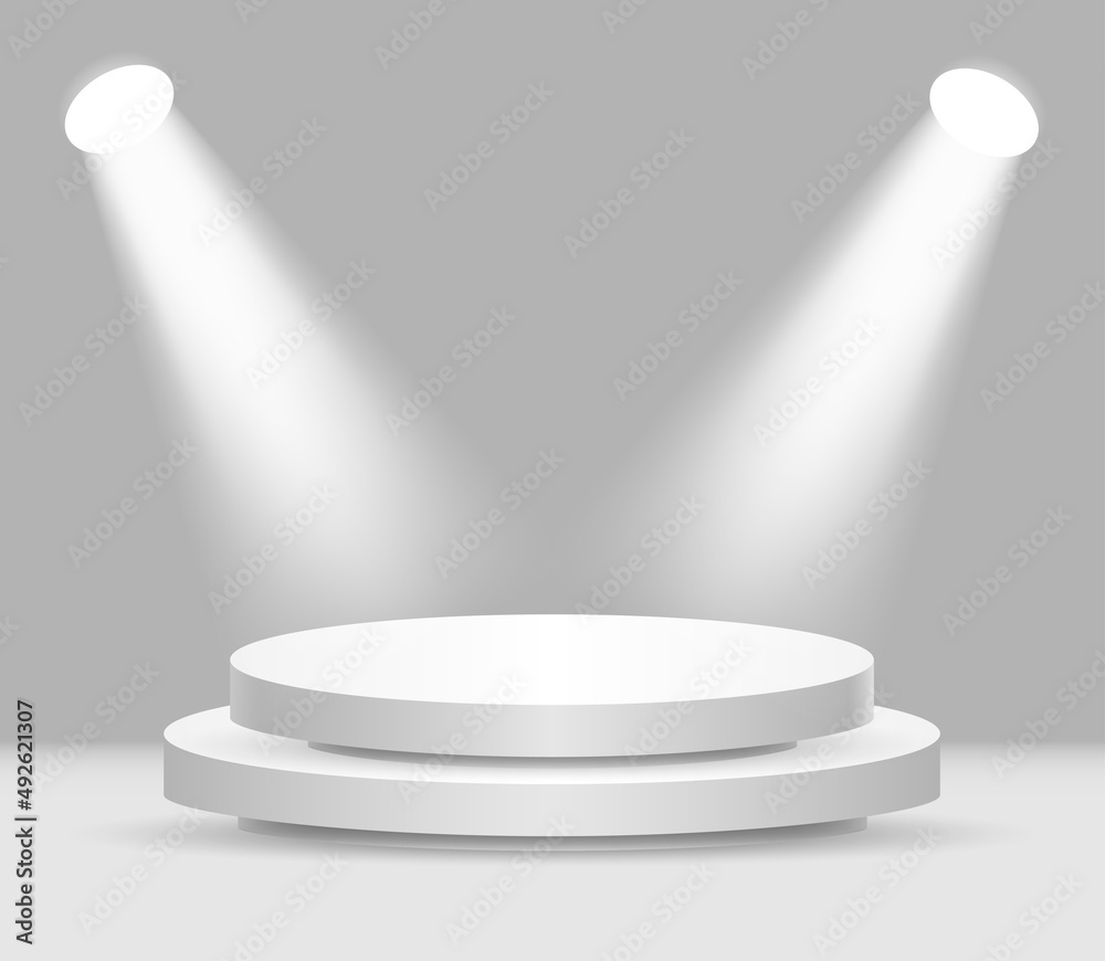 Fototapeta premium Round white stage podium illuminated with light. 3d podium on the background of a concrete wall. Vector white pedestal for product presentation.