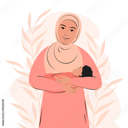 Arabian woman is holding newborn baby. Muslim girl in traditional dress with child. Vector illustration.