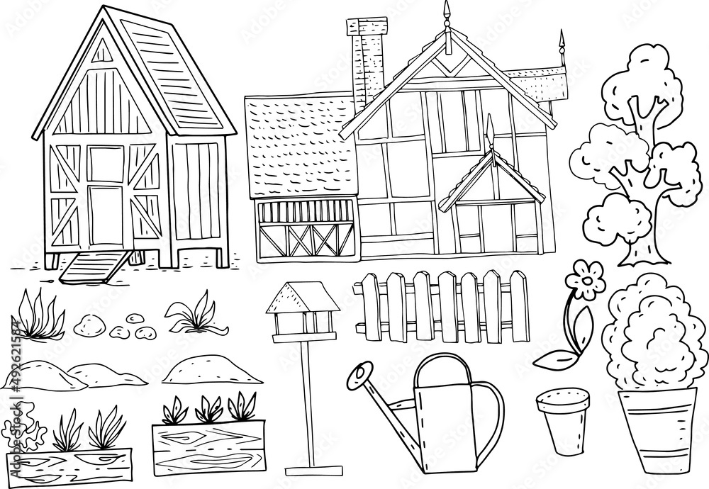 Village cabins farm graphic illustration hand drawn set isolated elements on white background