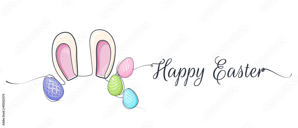 Happy Easter greeting card with colorful eggs and bunny ears in flat design	
