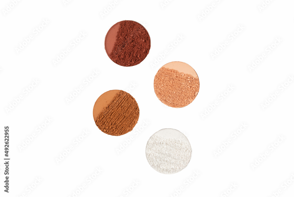 Eyeshadow crushed palette, colorful eye shadow powder isolated on a white background. Eyeshadow crushed palette, colorful eye shadow powder isolated on a white background.