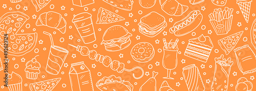 Seamless vector banner with outline fast food icons. Background with hand drawn drawings pizza, burger, hotdog, ice cream, soda, coffee. Sketch food pattern. Doodle silhouettes of takeaway elements