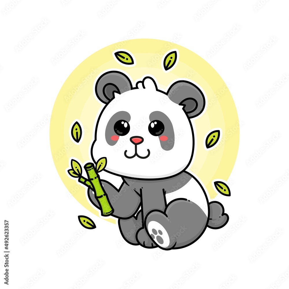 Obraz premium happy panda eat bamboo adorable cartoon doodle vector illustration flat design style