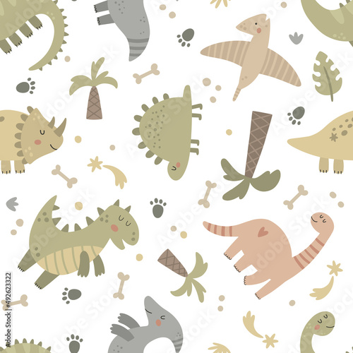 vector seamless pattern with cute funny dinos