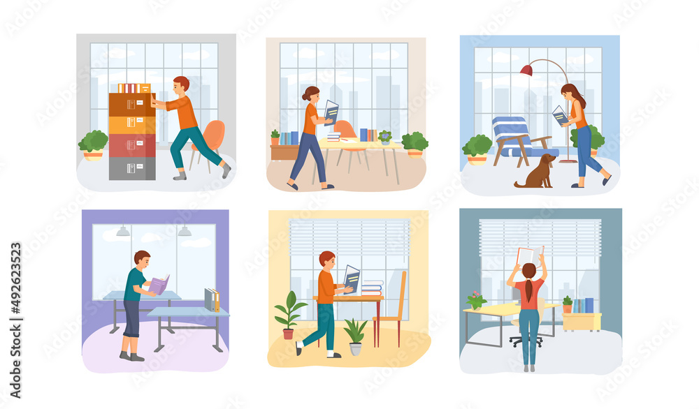 Naklejka premium Reading people flat character set with books magazines literature isolated vector illustration. Young male and female readers dressed in trendy clothes relaxing at home with books or textbooks