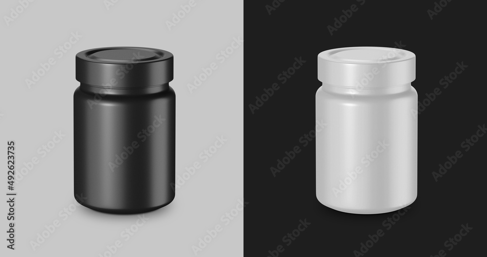 Black and White plastic jars with lid. 3D Illustration. Black and White plastic jars with lid. 3D Illustration.
