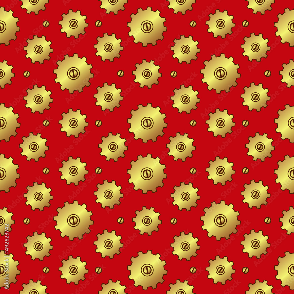 Seamless background pattern. Toy colored gears on a dark red background. Modern textile background, gift wrapping, children's paper packaging, design concept. Vector illustration.