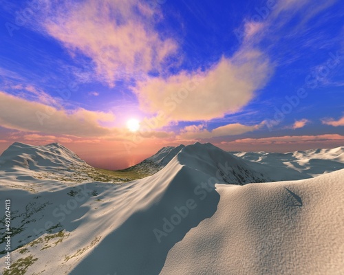 Mountain landscape at sunset under the sky with clouds, sunrise among the snowy peaks, 3d rendering