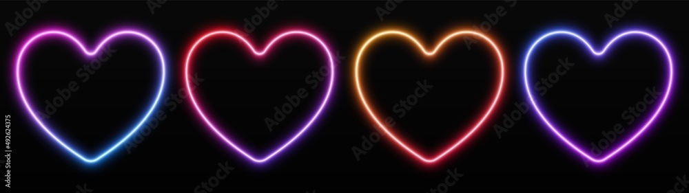Gradient neon heart frames set. Glowing borders isolated on a dark background. Colorful night banner, vector light effect. Bright illuminated shape. Valentine s Day decoration