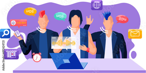 Rock band using laptop to record audio message. Voice assistant software agent transmits speech. Sound recognition, vote controlled load speaker. Voice activated digital helper, identification