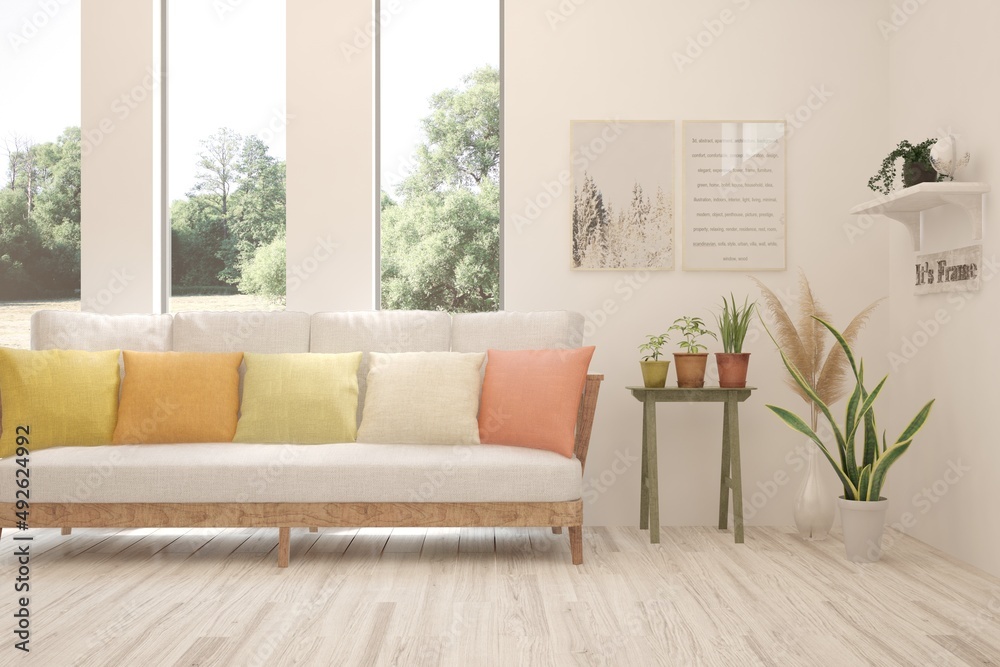 Plakat White living room with sofa and summer landscape in window. Scandinavian interior design. 3D illustration