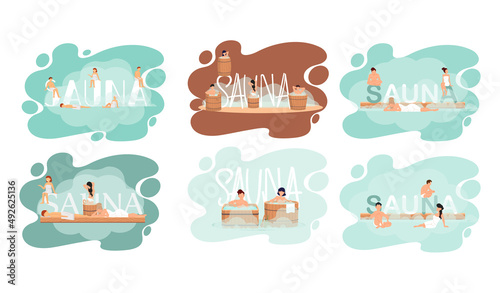 Sauna and steam room. Set of people in sauna. People relax and steam with birch brooms in traditional russian stove for female and male. Finnish bathhouse. Public sauna, Friends in spa resort