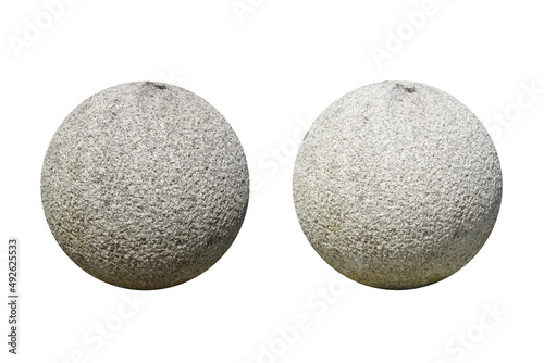 Two big rounded granite stone rocks are isolated on white background. spherical granite stone rocks. Stone for outdoor garden decoration.