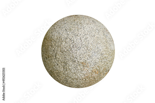 A big granite stone ball is isolated on white background with a clipping path. Rounded stone for outdoor garden decoration.