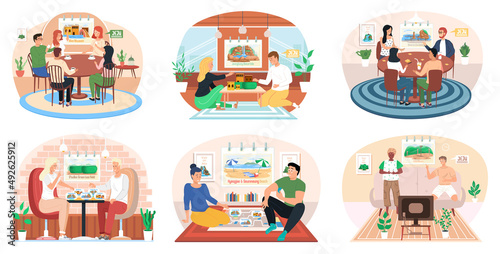 Happy family or friends playing who am I game at home on weekend on theme of Jeju Island in South Korea with showplaces and landmarks. People are playing with board game sitting at table together