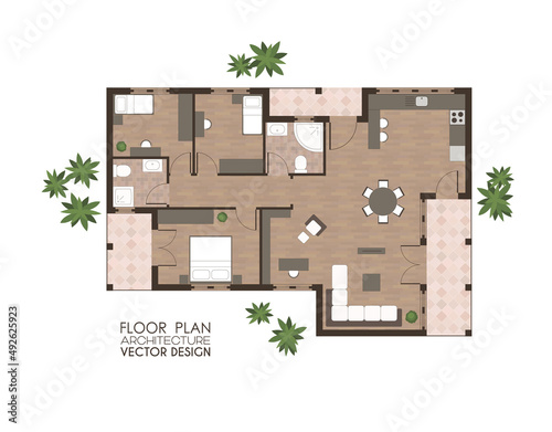 Top view of a family house, architectural floor plan of a residential building, colorful vector illustration 