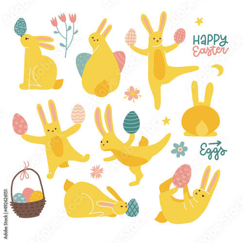 Easter rabbits set. Cute yellow bunnies in different poses and actions: sitting, laying, dancing, holding eggs. Flat hand drawn vector illustration isolated on white