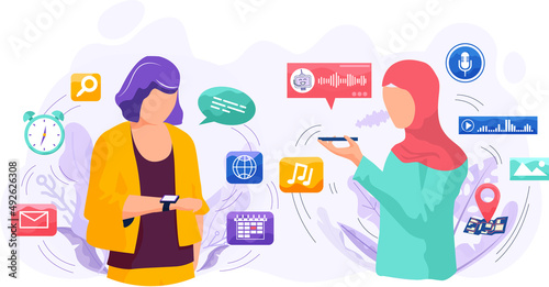 Voice assistant. Smart speaker virtual assistant, sound robot, people using voice controlled smart speaker. Voice activate digital assistant identification control contactless mobile device microphone